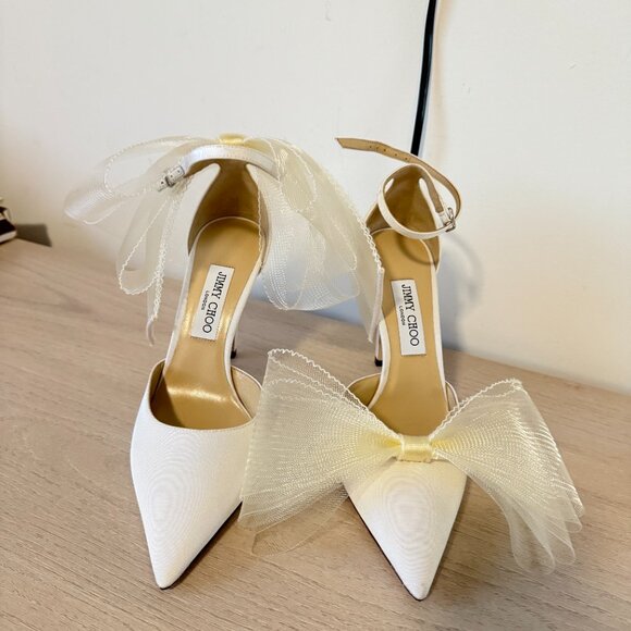 Jimmy Choo Averly 100 Satin Pumps Bow Mesh Detail Ankle Strap Stiletto Heels - Picture 6 of 13